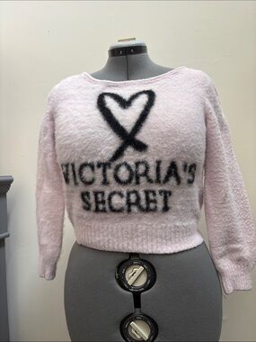 Victoria's Secret Light Pink Fuzzy Scoop Neck Sweater with Black Logo